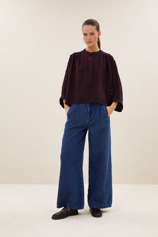JESS BLOUSE WINE CHECK